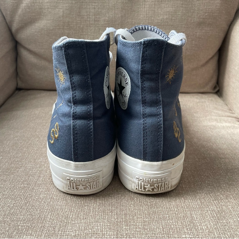 Custom Embroidered Converse Blue High-Tops with White Laces Gold Accents - Picture 5 of 9